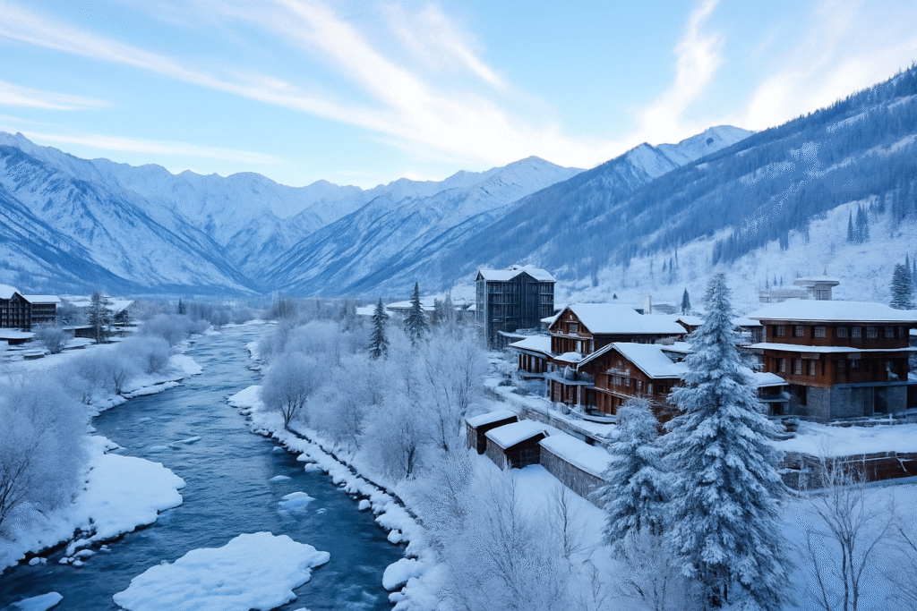 A breathtaking winter landscape showcasing snow-covered mountains, a flowing icy river, and a serene valley setting in Northern Pakistan. The scene captures the magical winter beauty of Skardu and Hunza, making it perfect for promoting winter travel packages and adventure tours.