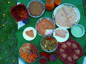 Traditional Hunza dish Chapshuro served with local bread and apricot oil in Hunza Valley, Pakistan.